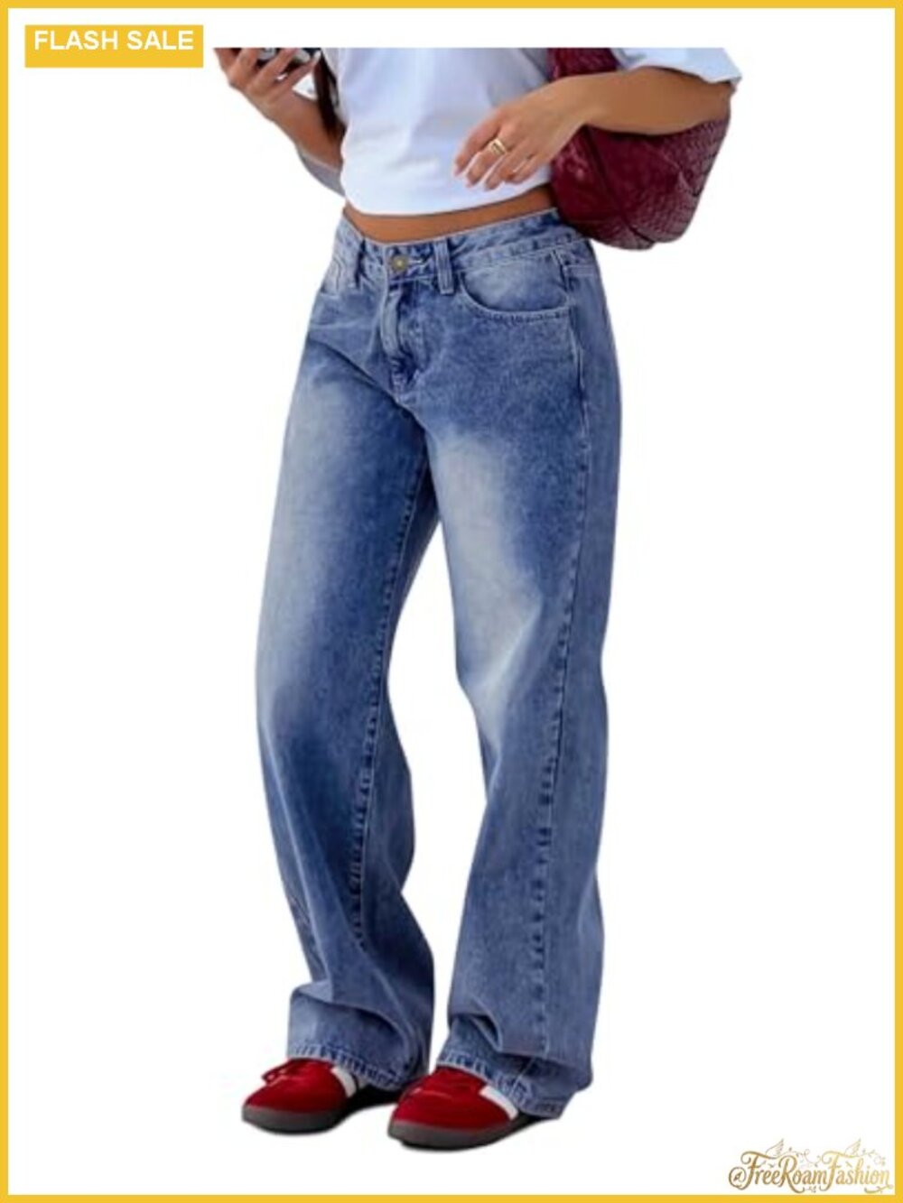 Low Rise Wide Leg Baggy Jeans for Women, 5-Pocket Stretch Denim